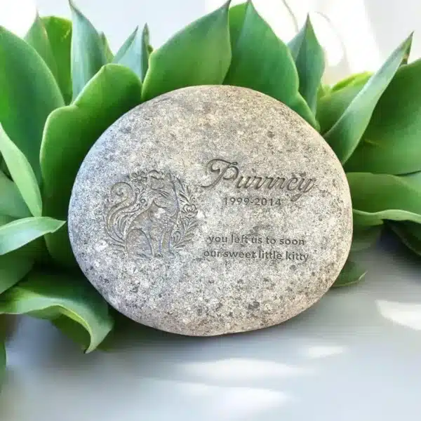 A 2–4.5" Tiny Tributes Custom Engraved Pet Memorial Stone features a cat illustration, the name "Punny," years "1999–2014," and “you left us too soon our sweet little kitty.” The stone rests on a white surface near green leaves.
