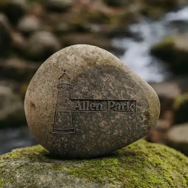 An aged 1-5" rustic engraved river rock featuring a lighthouse and "Allen Park" rests on moss, with blurred rocks and water in the background.