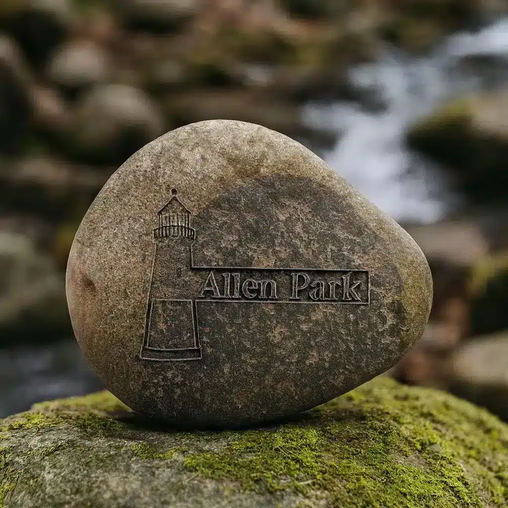 An aged 1-5" rustic engraved river rock featuring a lighthouse and "Allen Park" rests on moss, with blurred rocks and water in the background.