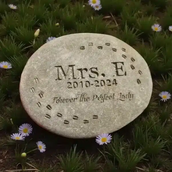 A 2–4.5" Tiny Tributes Custom Engraved Pet Memorial Stone rests on grass with white flowers, engraved with Mrs. E 2010-2024 and Forever the Perfect Lady—an oval of paw prints adds a heartfelt touch to this Personalized Pet Remembrance River Rock.