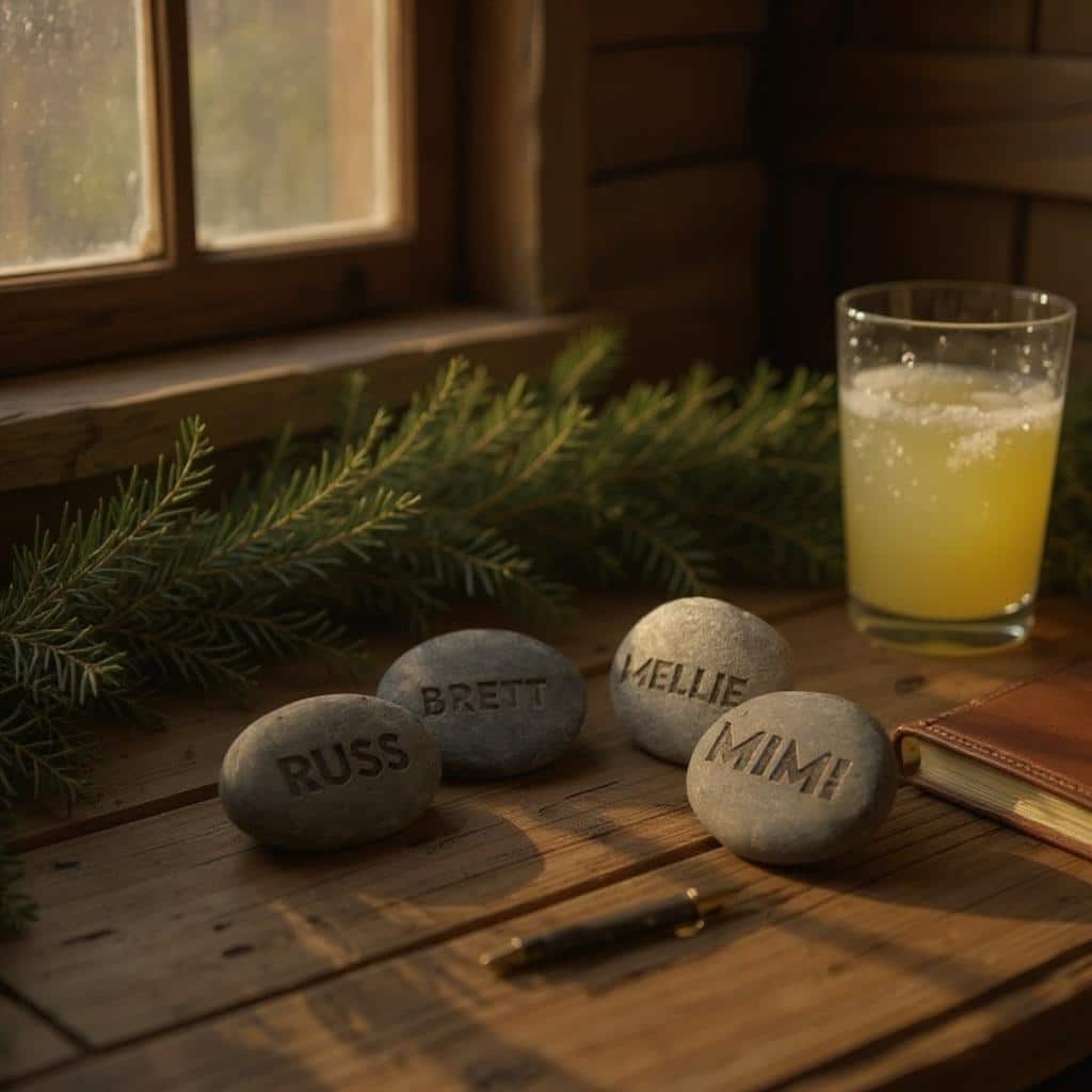 Four 1-5" Aged Rustic Engraved River Rocks with the names RUSS, BRETT, MELLIE, and MIMI are displayed on a wooden table near a pine branch, yellow drink, notebook, and pen by a sunlit window.