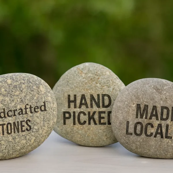 Three 1-5" Aged Rustic Engraved River Rocks with the words Wildcrafted Stones, Hand Picked, and Made Locally engraved on them are displayed against a blurred green background.