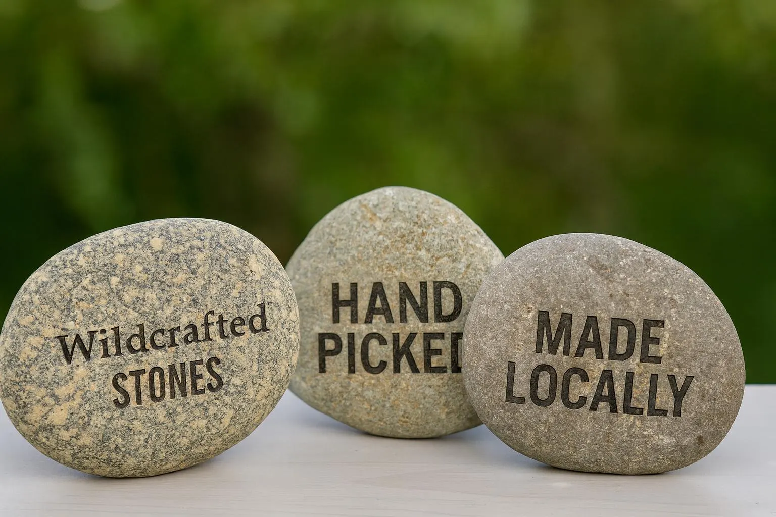 Three 1-5" Aged Rustic Engraved River Rocks with the words Wildcrafted Stones, Hand Picked, and Made Locally engraved on them are displayed against a blurred green background.