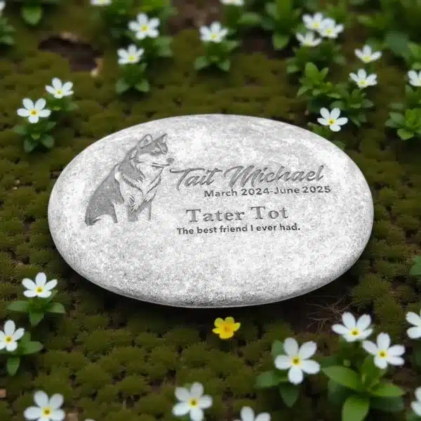 Personalized pet memorial stone engraved with pet name and dates