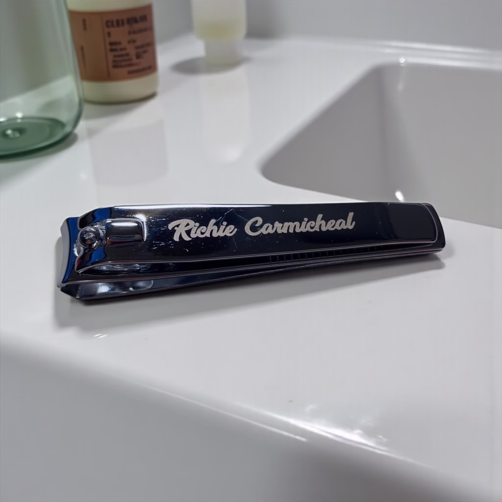 A pair of Standard Stainless Steel Nail Clippers engraved with the name Richie Carmicheal rests on a white bathroom sink near some bottles.