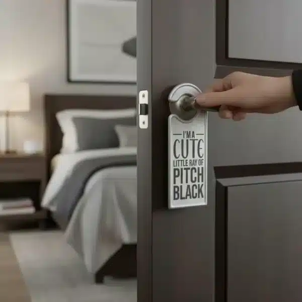 A hand opens a bedroom door, showcasing the Custom Metal Door Hanger – a 10" galvanized personalized door sign in rustic silver with “I’m a cute little ray of pitch black.” Inside, a bed, table, and lamp create a cozy atmosphere.