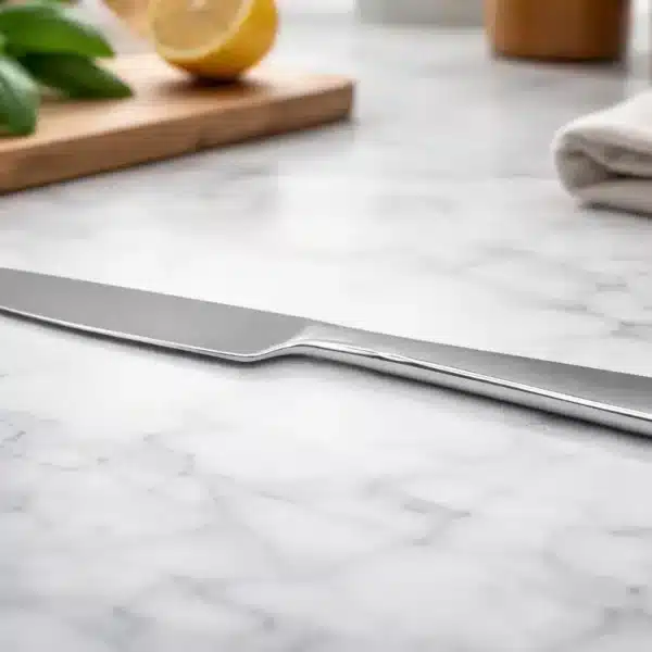 A Premium 9.5 Inch Personalized Butter Knife rests on a marble countertop, surrounded by a cutting board, basil leaves, half a lemon, and a folded towel in the background.