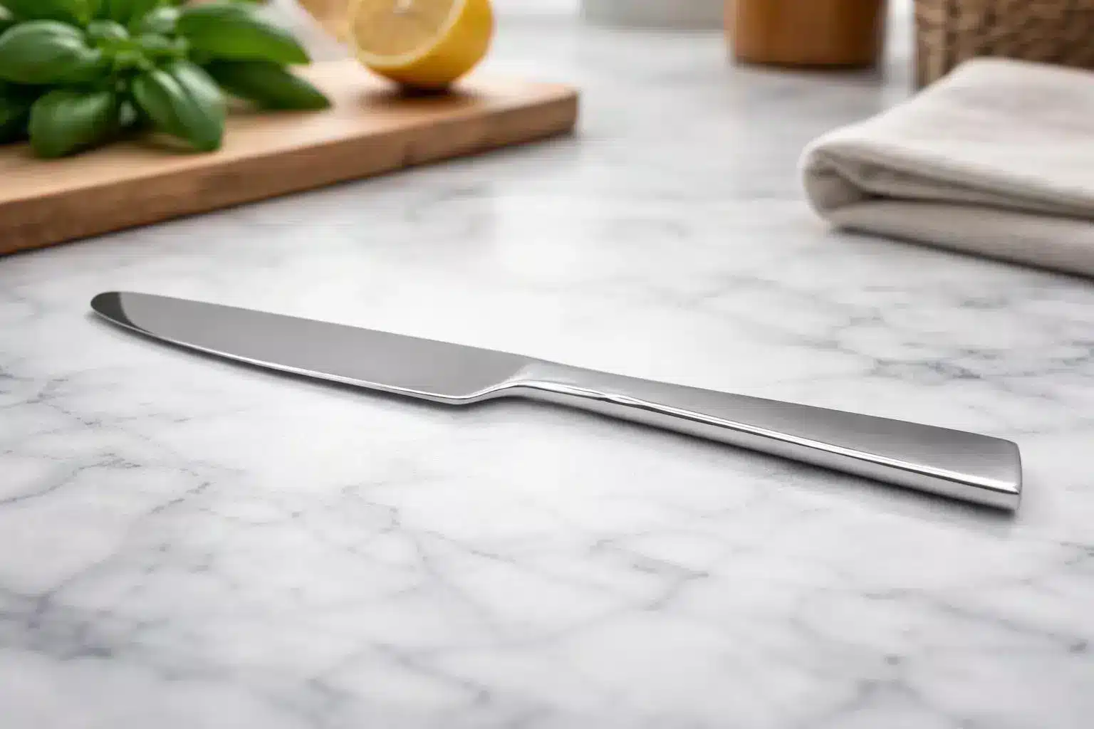A Premium 9.5 Inch Personalized Butter Knife rests on a marble countertop, surrounded by a cutting board, basil leaves, half a lemon, and a folded towel in the background.