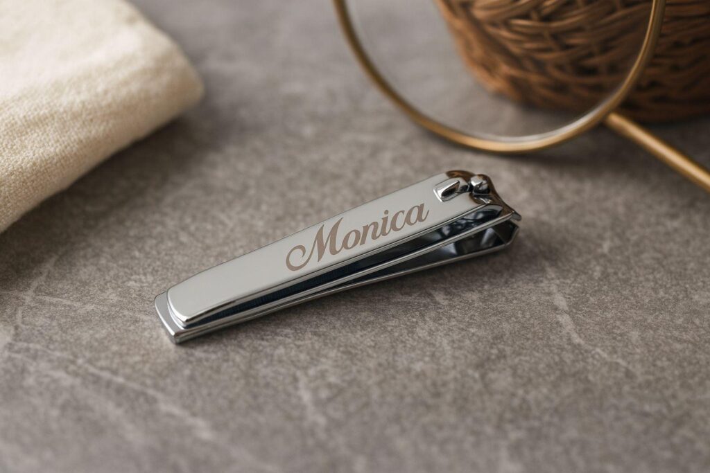 A pair of Standard Stainless Steel Nail Clippers engraved with the name Monica rests on a gray stone surface beside a beige cloth, a wicker basket, and a round mirror.