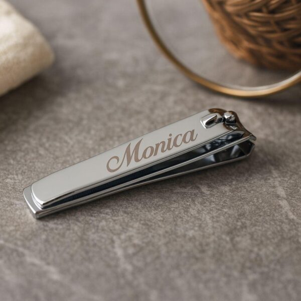 A pair of Standard Stainless Steel Nail Clippers engraved with the name Monica rests on a gray stone surface beside a beige cloth, a wicker basket, and a round mirror.