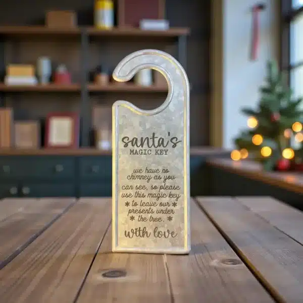 A Custom Metal Door Hanger – 10" Galvanized Personalized Door Sign in rustic silver reads: Santa’s Magic Key. “We have no chimney as you can see, so please use this magic key to leave gifts under the tree.” It sits on a wooden table.