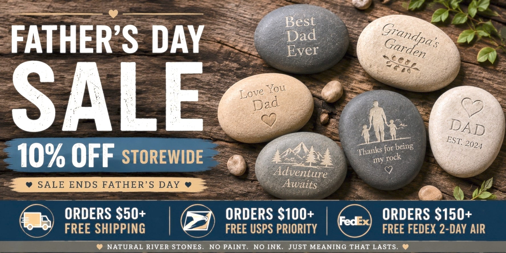 Father's Day sale banner with large SALE text on a wood background and engraved stones showing messages like 'Best Dad Ever' and 'Love You Dad'.