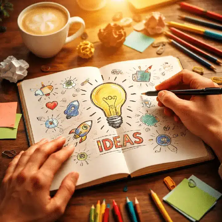 Hands sketching creative ideas in a notebook with lightbulb illustration surrounded by colorful drawings