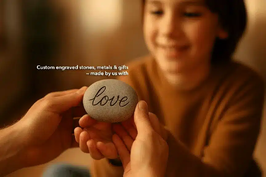 Hands holding a custom engraved stone with the word “love” as a child smiles in the background