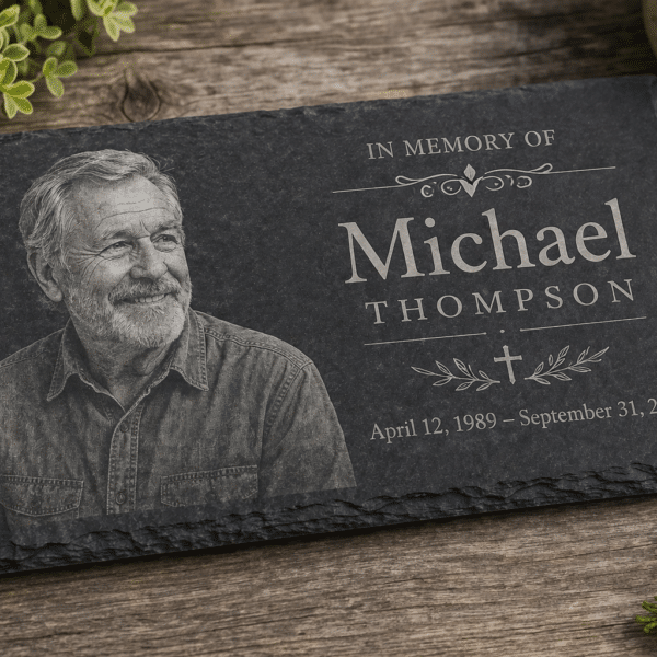 The Engraved Slate Plaque | Rectangular Sign features a smiling older man's portrait, the name Michael Thompson, and the dates April 12, 1989 – September 31, 2025. It rests on wood with green plants nearby.