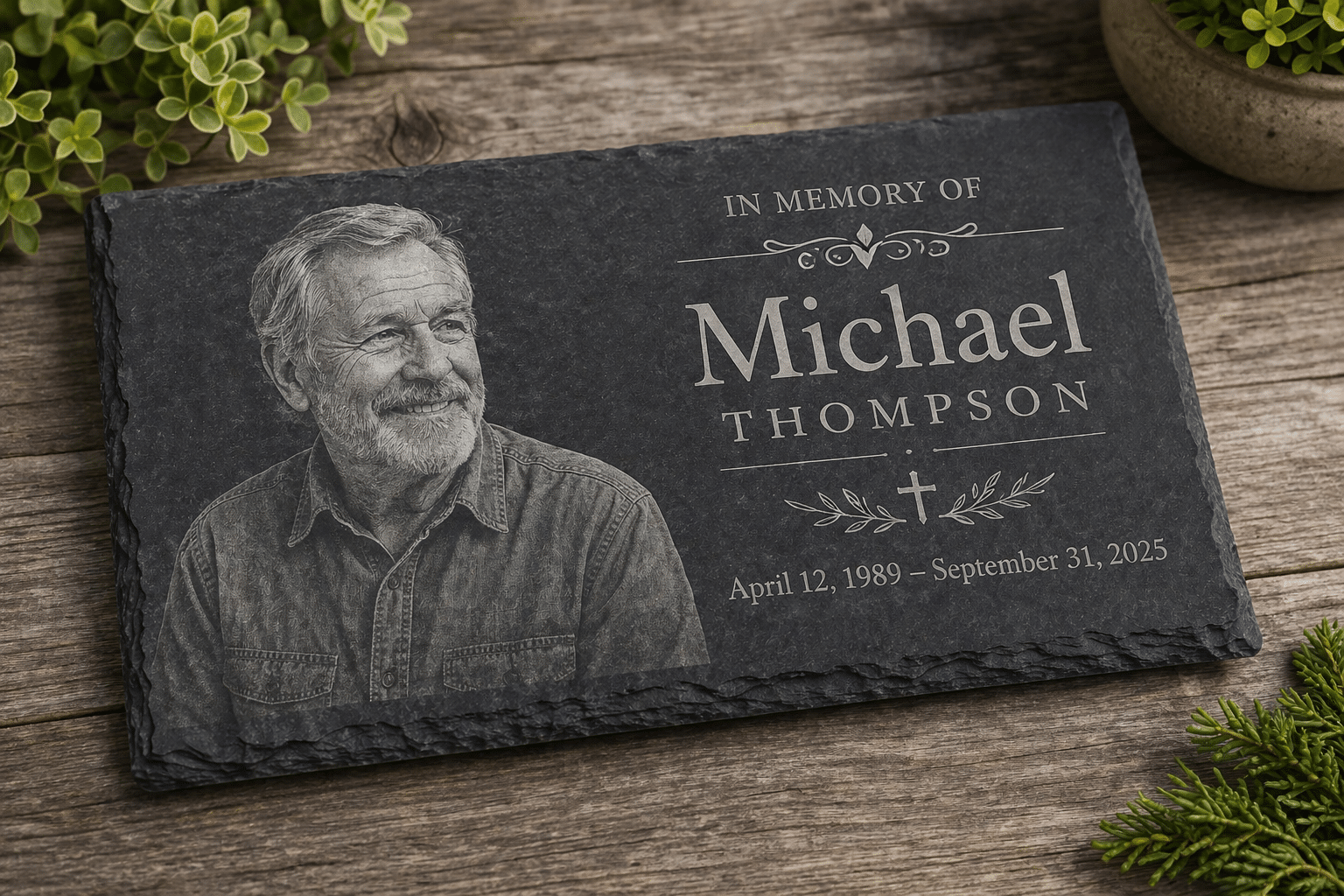 The Engraved Slate Plaque | Rectangular Sign features a smiling older man's portrait, the name Michael Thompson, and the dates April 12, 1989 – September 31, 2025. It rests on wood with green plants nearby.