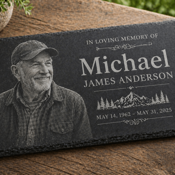 An Engraved Slate Plaque | Rectangular Sign featuring a smiling older man in a cap, mountain scenery, and the inscription: In loving memory of Michael James Anderson, May 14, 1962 – May 31, 2025.