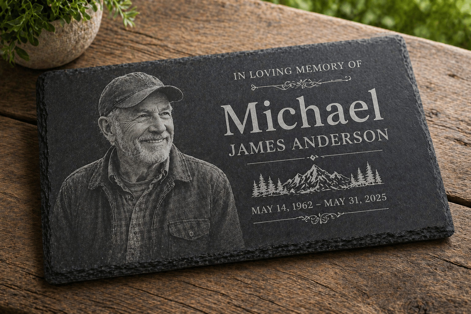 An Engraved Slate Plaque | Rectangular Sign featuring a smiling older man in a cap, mountain scenery, and the inscription: In loving memory of Michael James Anderson, May 14, 1962 – May 31, 2025.