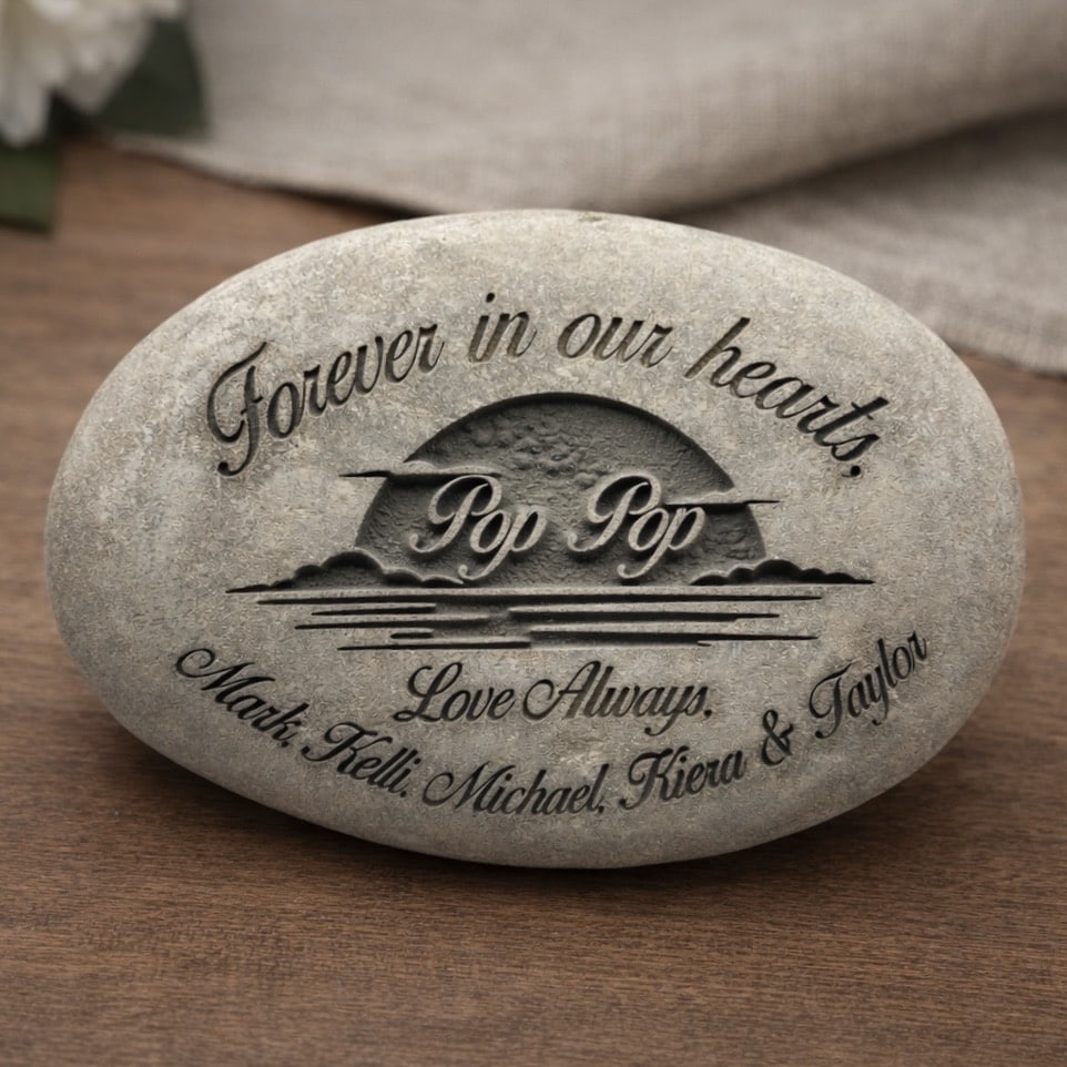 A smooth stone engraved with Forever in our hearts, Pop Pop. Love Always, Mark, Telli, Michael, Kiera & Taylor, placed on a wooden surface with a white flower and brown cloth in the background.