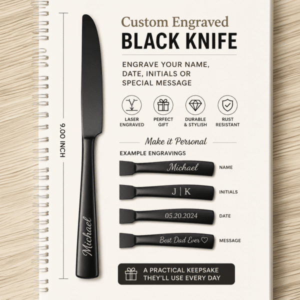 A 9" Custom Engraved Black Knife rests on a spiral notebook with text about engraving options—names, initials, dates, or phrases. Four handle engraving examples are shown: name, initials, date, and message.