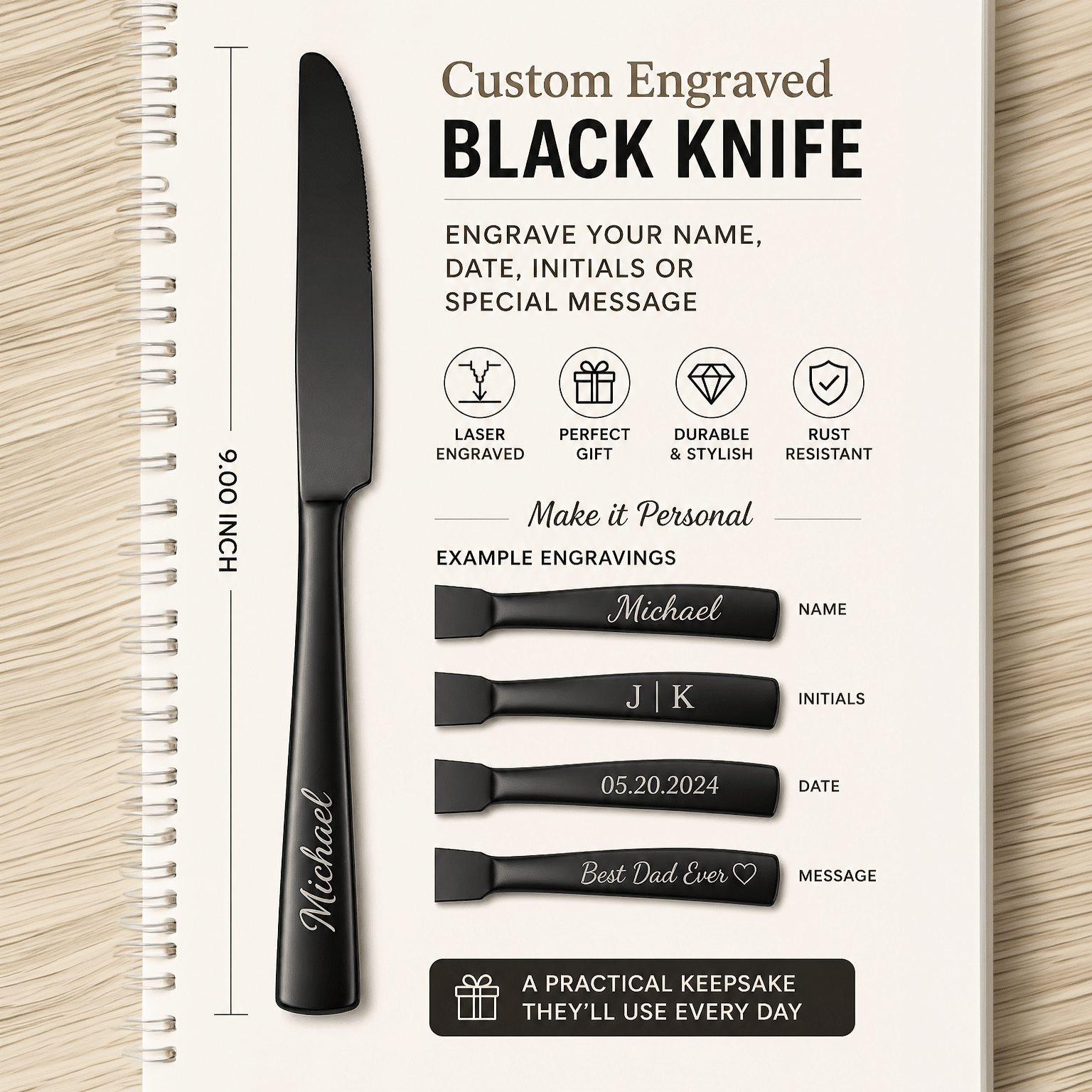 A 9" Custom Engraved Black Knife rests on a spiral notebook with text about engraving options—names, initials, dates, or phrases. Four handle engraving examples are shown: name, initials, date, and message.