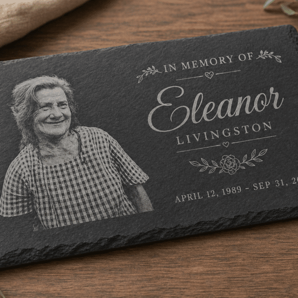The Engraved Slate Plaque | Rectangular Sign displays a smiling woman, floral accents, and the inscription: In Memory of Eleanor Livingston, April 12, 1989 – Sep 31, 2025. It is placed on a wooden surface.