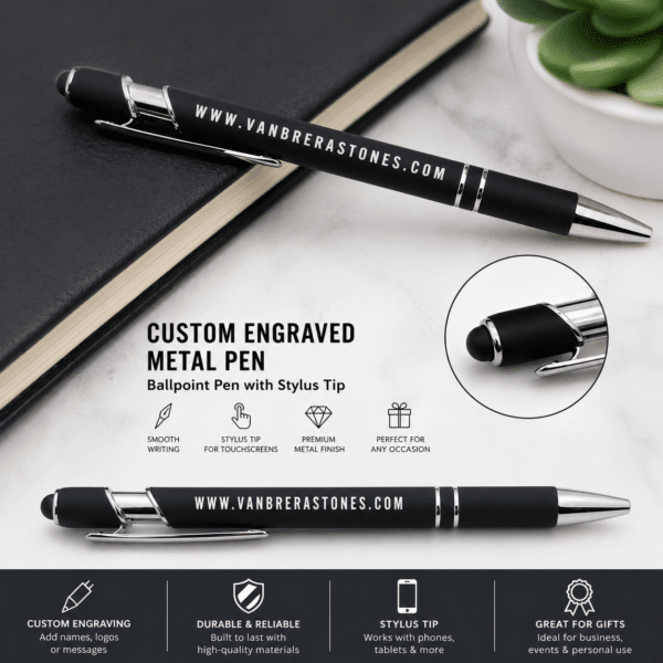 The Rubberized Metal Ballpoint Pen with Stylus Tip, engraved with WWW.VANBRERASTONES.COM, is shown on a marble surface. Insets highlight the stylus tip while icons illustrate its features and uses.