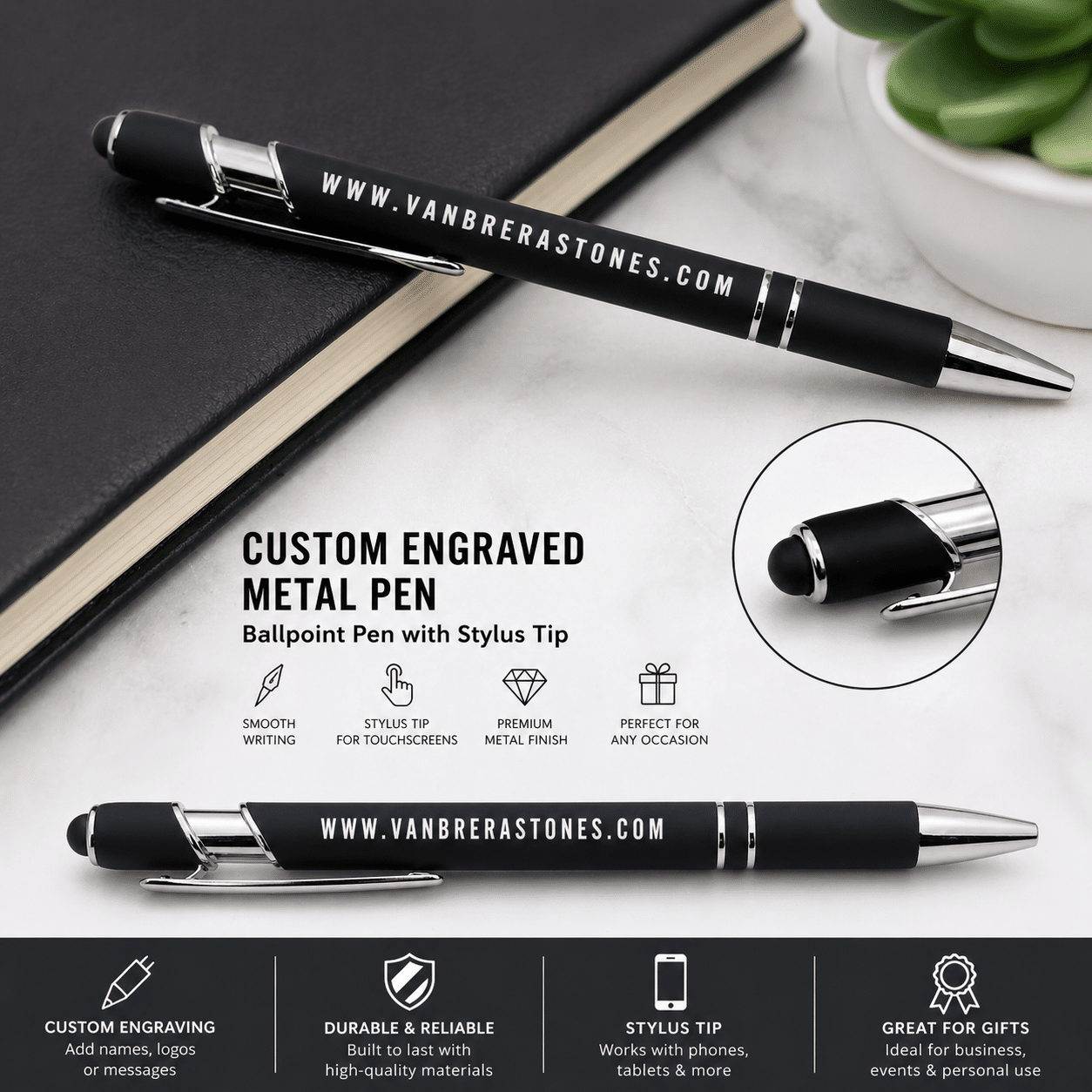 The Rubberized Metal Ballpoint Pen with Stylus Tip, engraved with WWW.VANBRERASTONES.COM, is shown on a marble surface. Insets highlight the stylus tip while icons illustrate its features and uses.