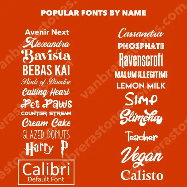 A graphic titled Popular Fonts By Name displays various font names in their respective styles on an orange background, including Avenir Next, Bebas Kai, Harry P, Calibri, Slimena, Vegan, and more.