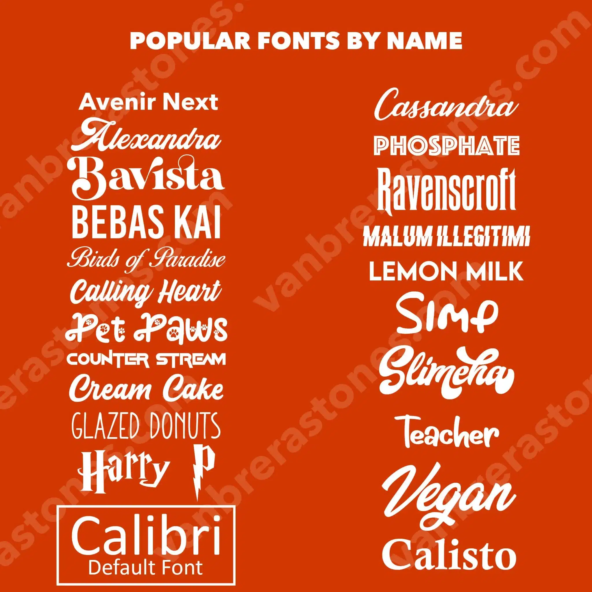 A graphic titled Popular Fonts By Name displays various font names in their respective styles on an orange background, including Avenir Next, Bebas Kai, Harry P, Calibri, Slimena, Vegan, and more.
