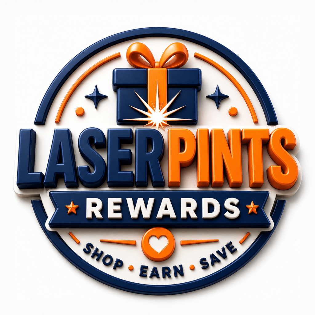 laser_points_logo Circular logo with a gift box at the top, the words LASER PINTS in bold letters, and REWARDS below with stars. At the bottom are the words SHOP - EARN - SAVE with a heart symbol.