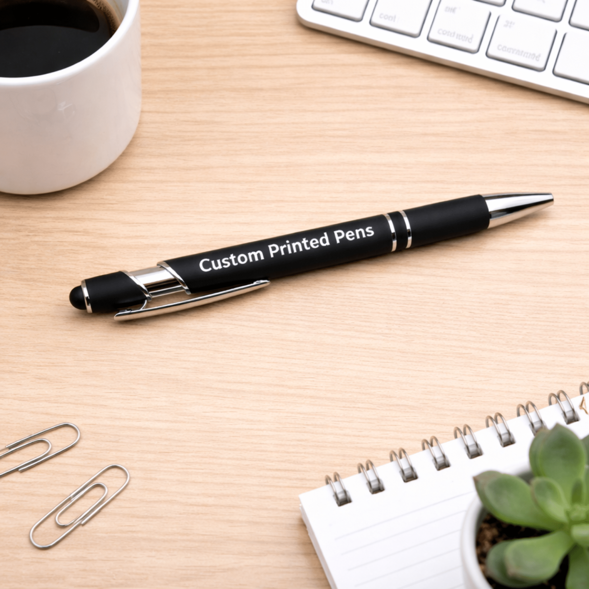 A Rubberized Metal Ballpoint Pen with Stylus Tip in black rests on a wooden desk beside a coffee cup, computer keyboard, spiral notebook, two paperclips, and a small potted succulent.