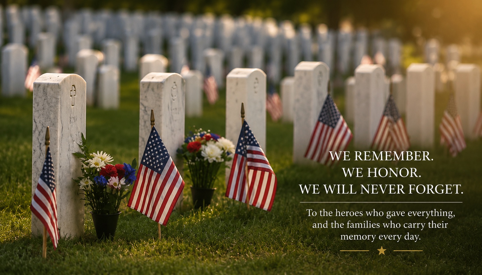 Rows of white gravestones with American flags and flowers in a cemetery. Text reads, We remember. We honor. We will never forget. To the heroes who gave everything, and the families who carry their memory every day.
