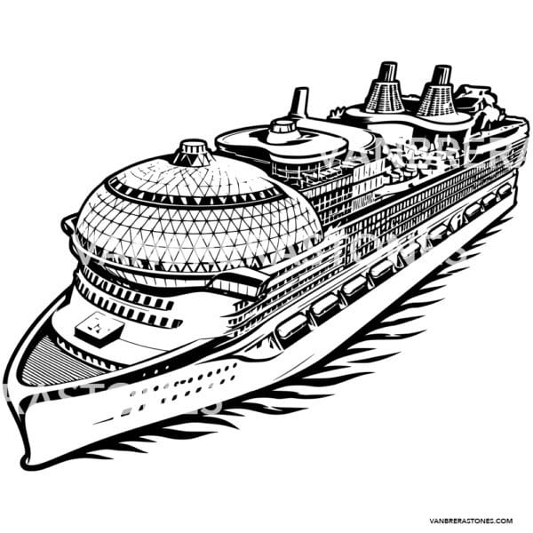 Large luxury cruise ship with multiple decks and twin funnels cruising on the water, viewed from the bow side.