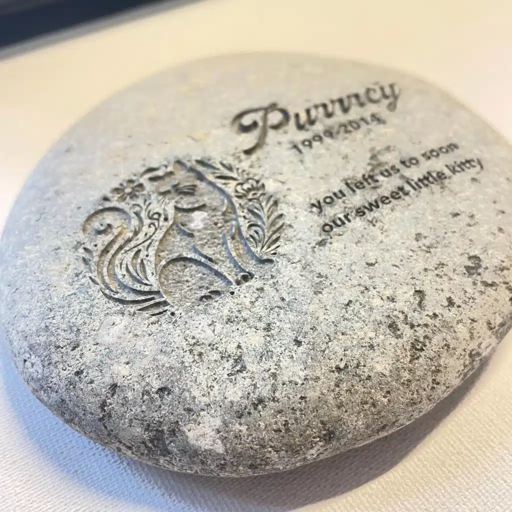 A smooth gray memorial stone engraved with a stylized cat, the name “Purrcly,” the years “1994–2014,” and the phrase “you left us too soon our sweet little kitty.”.