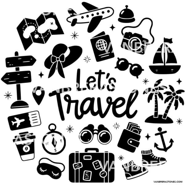 Travel-themed collage with a plane, passport, suitcase, compass, camera, palm trees, boat, anchor, and the words 'Let's Travel'
