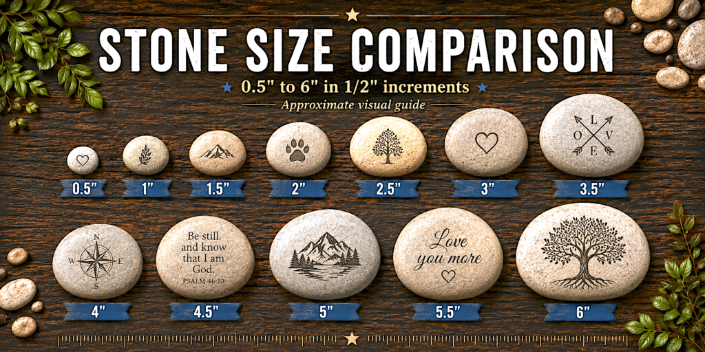 A visual guide showing round stones sized from 0.5 to 6 in 0.5 increments, each engraved with different images or text, displayed on a wooden surface with leaves in the corners.