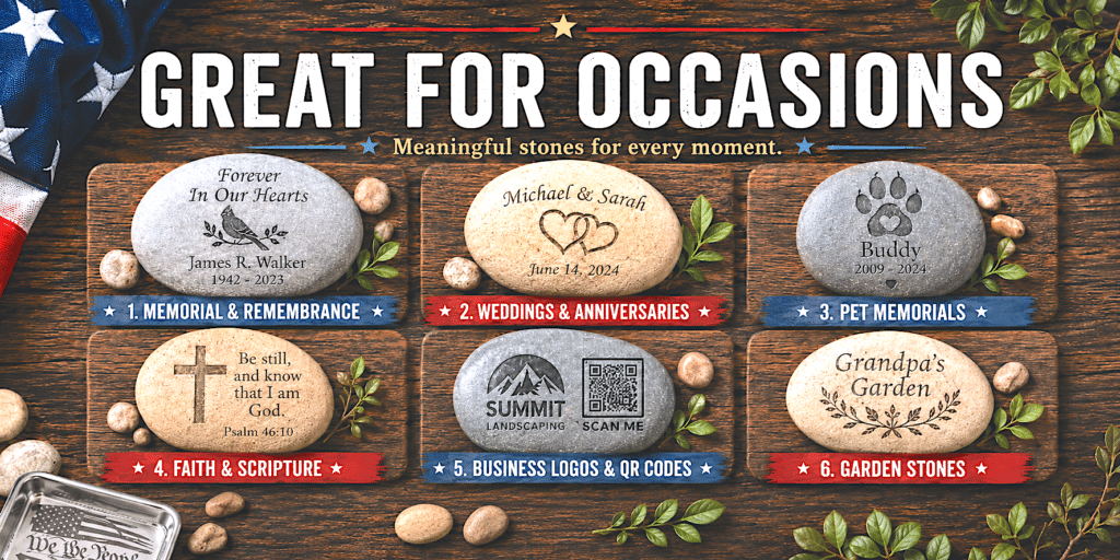 A display of six engraved stones, each representing a special occasion: memorial, wedding, pet memorial, faith, business logo/QR code, and garden. Decorative items, an American flag, and leaves surround the stones.