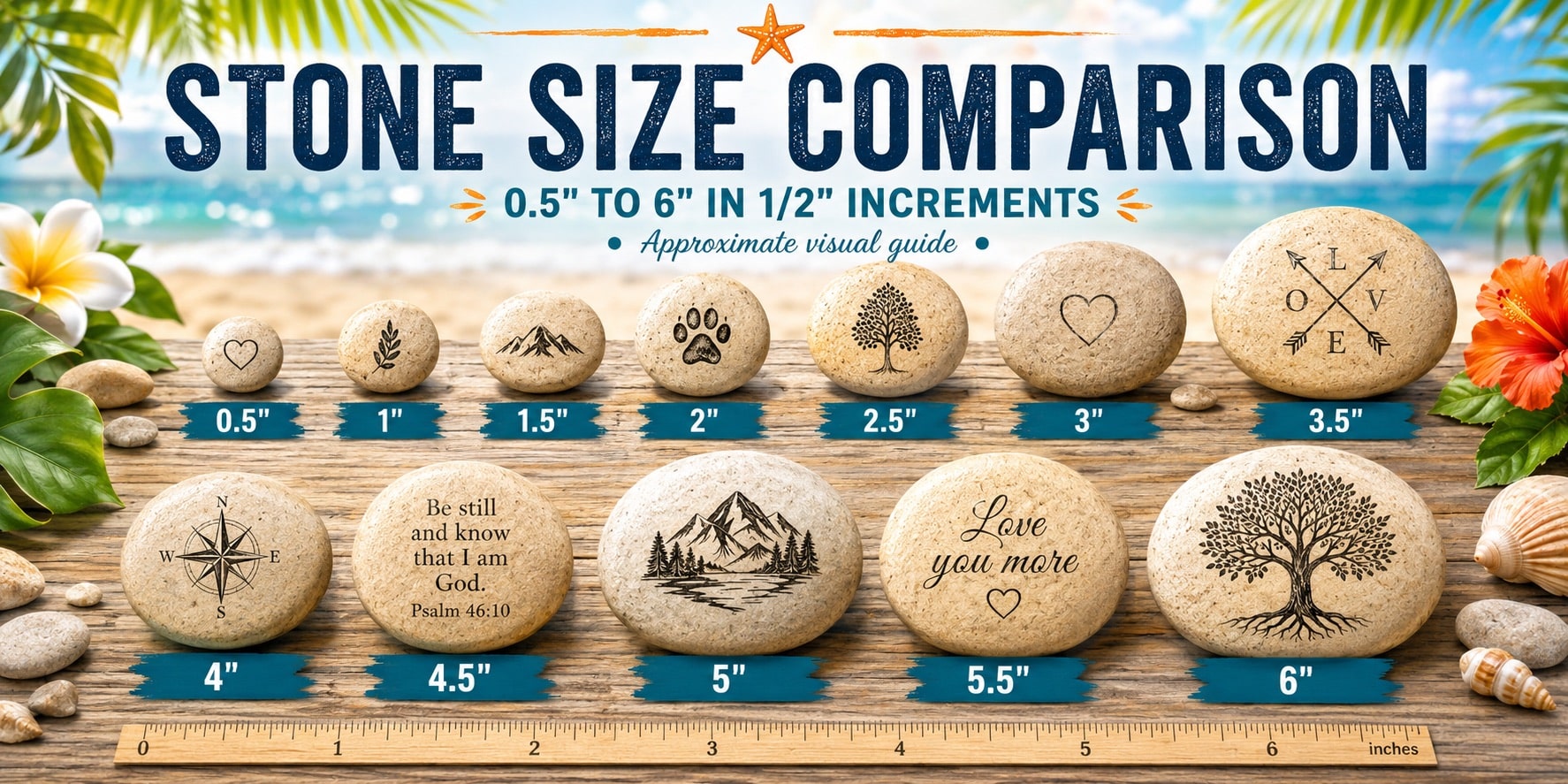 A visual guide shows nine decorative stones of different sizes, from 0.5 to 6, each marked with a symbol or phrase. A ruler at the bottom provides scale on a wooden surface with beach pebbles and a coastal background.