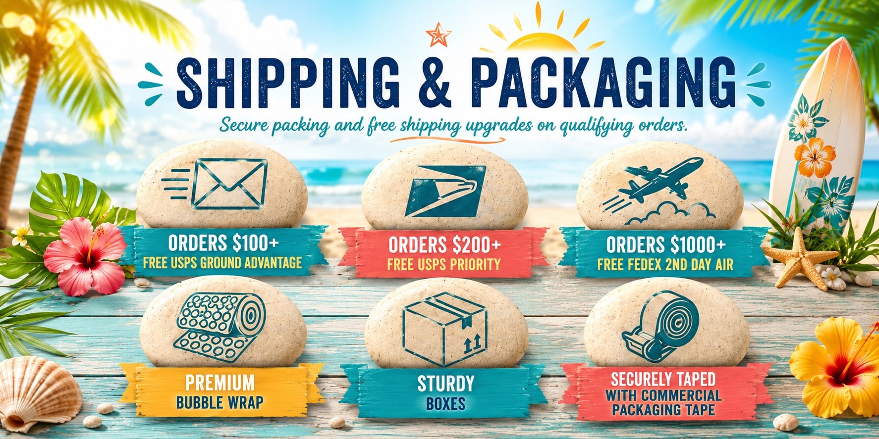 Tropical-themed shipping and packaging ad with icons on stones: free USPS Ground Advantage for $100+ orders, USPS Priority for $200+, free FedEx 2nd Day Air for $1000+, plus premium bubble wrap, sturdy boxes, and secure packaging tape.