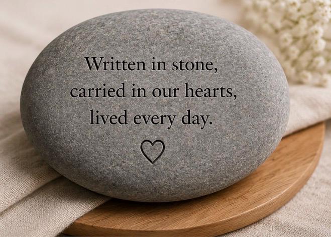 A smooth grey stone on a wooden tray with the words, Written in stone, carried in our hearts, lived every day. and a heart symbol engraved on it.