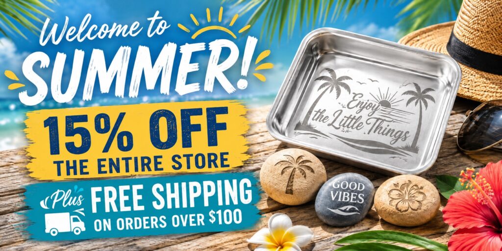 A summer-themed sale ad with text: Welcome to SUMMER! 15% OFF the entire store. Plus FREE SHIPPING on orders over $100. Includes a tray, decorated rocks, flowers, a hat, and a beach background.