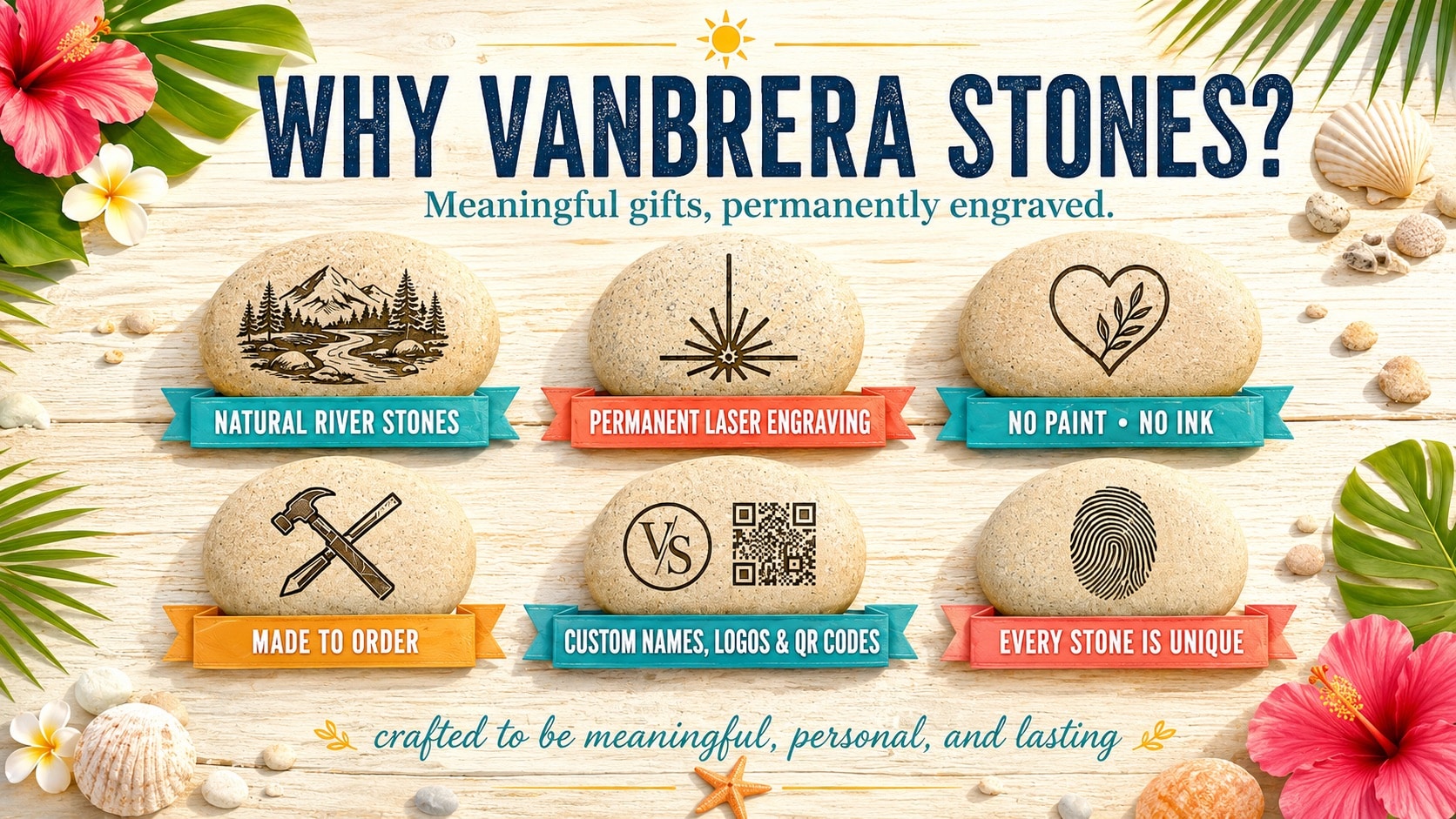 An illustrated ad for Vanbrera Stones features six engraved stones, each with icons and labels highlighting: natural river stones, laser engraving, no paint/ink, made to order, custom designs, and unique stones, surrounded by tropical decor.