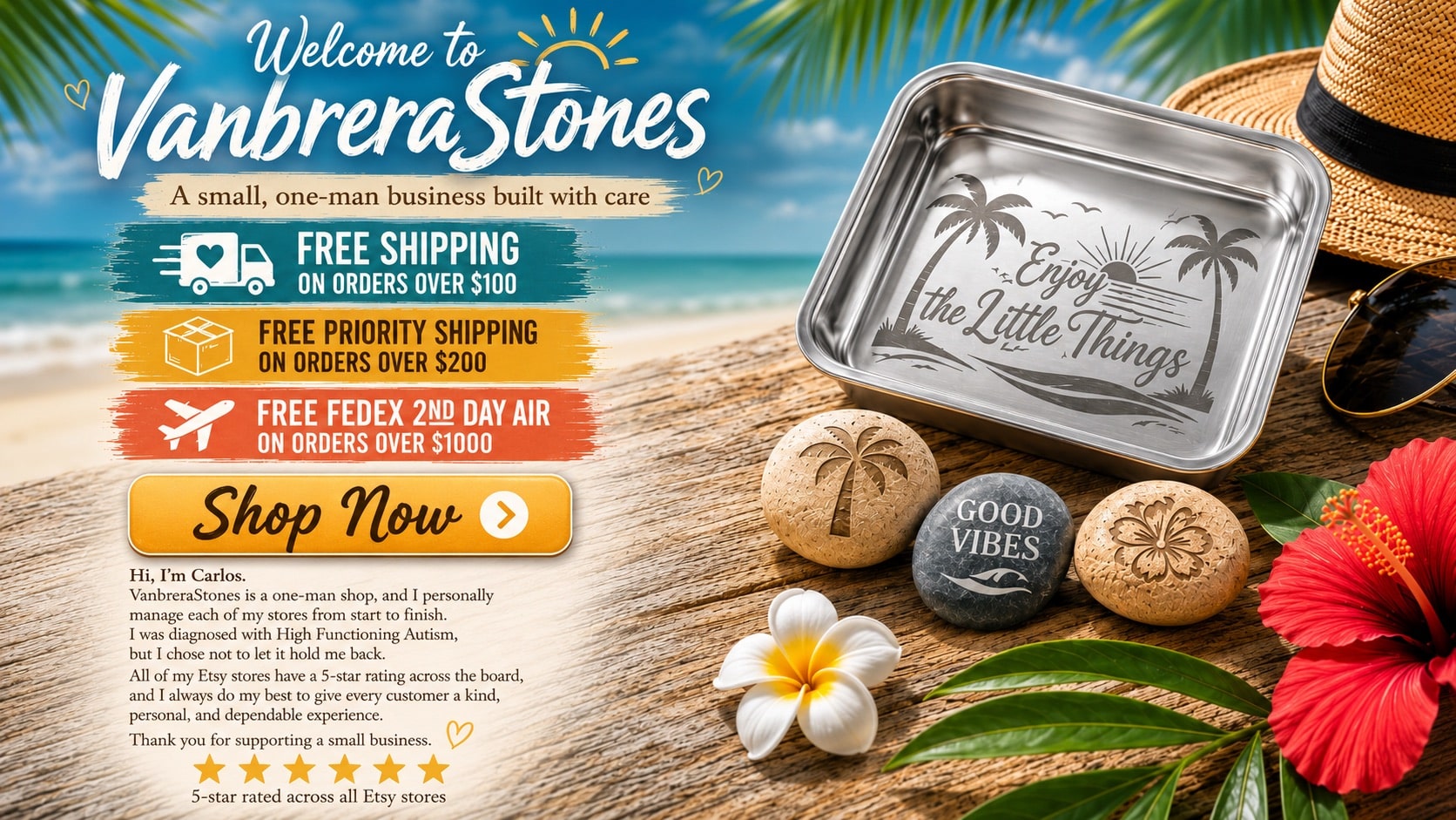 Tropical shop banner for Vanbra Stones with free shipping offers and a large “Shop Now” button beside beach and tropical decor.