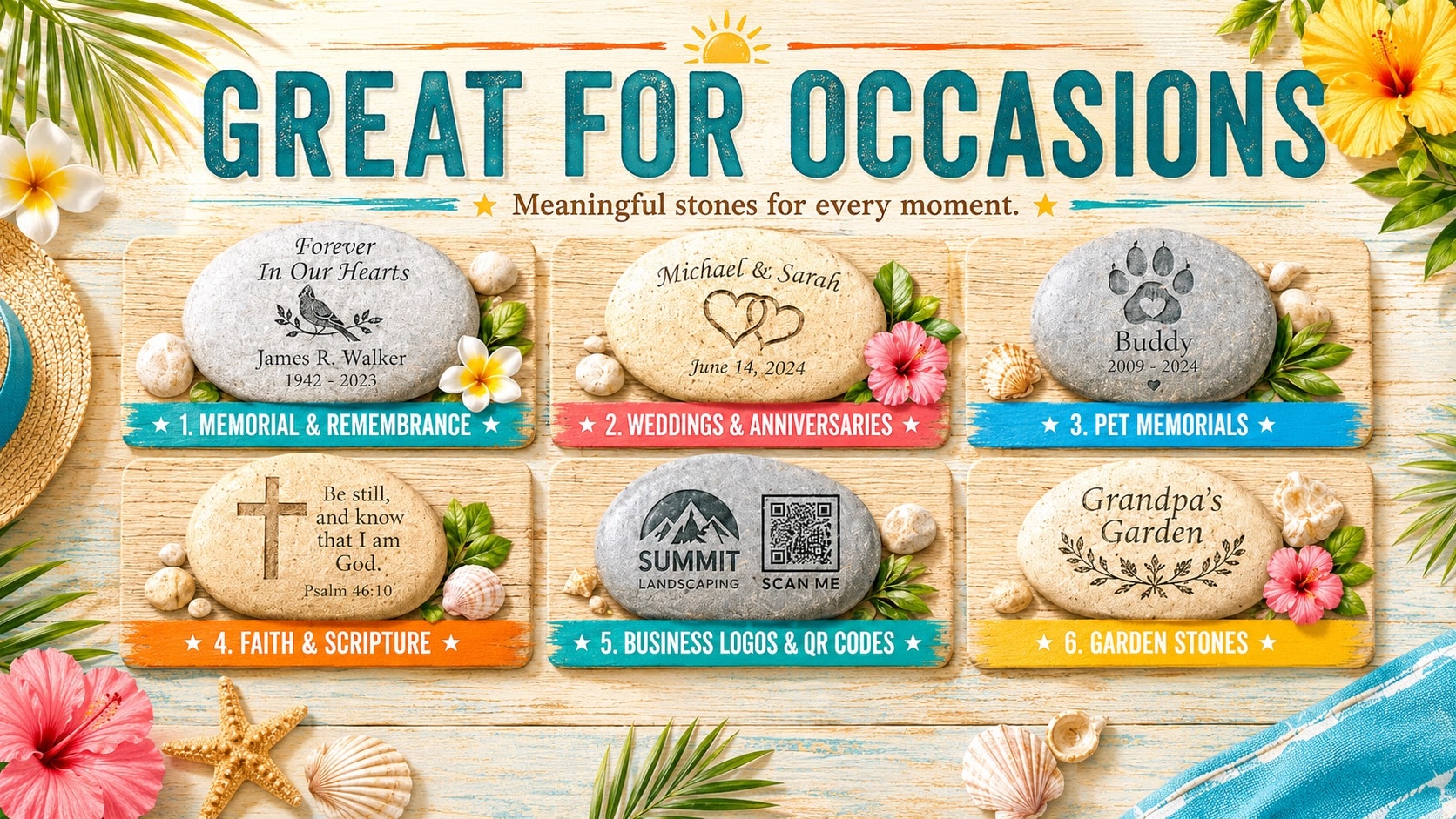 Six personalized engraved stones displayed on a wooden surface with tropical flowers and seashells, each labeled for different occasions: memorial, wedding, pet memorial, faith, business, and garden. Text reads Great for Occasions.